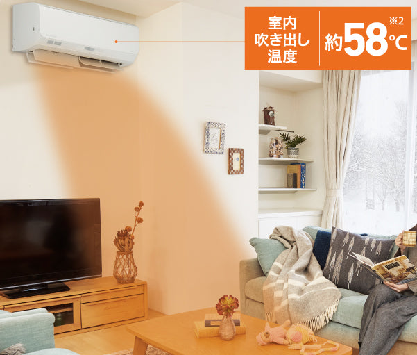<p><b>暖房強化型モデル</b></p>
<p>室外機凍結防止ヒータ搭載・防雪対策設計。外気温-25℃でもパワフルな暖房が可能です。<br>室内吹き出し温度58℃ですばやく設定温度に導きます。<br>
※SRK4024SK2で測定。当社環境試験室 洋室14畳、室内温度20℃、室外温度-5℃、設定温度27℃でワープ運転(風量「自動」)を開始。ワープ運転終了直前の吹き出し温度。約10分間持続。定格時に対する風量低下率41.2%。使用条件により、到達温度は異なります。<p/>